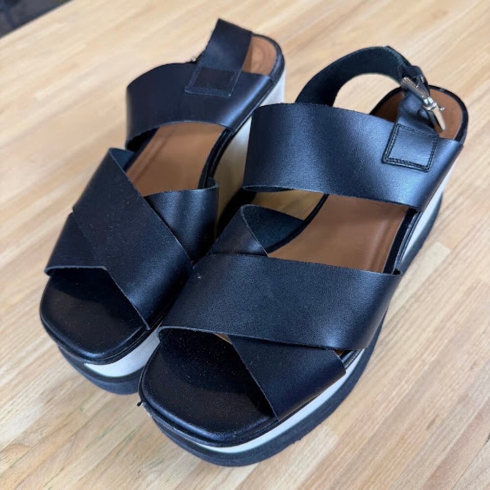 Free People Black Leather Platform Wedge Sandals EU 36 Made Spain